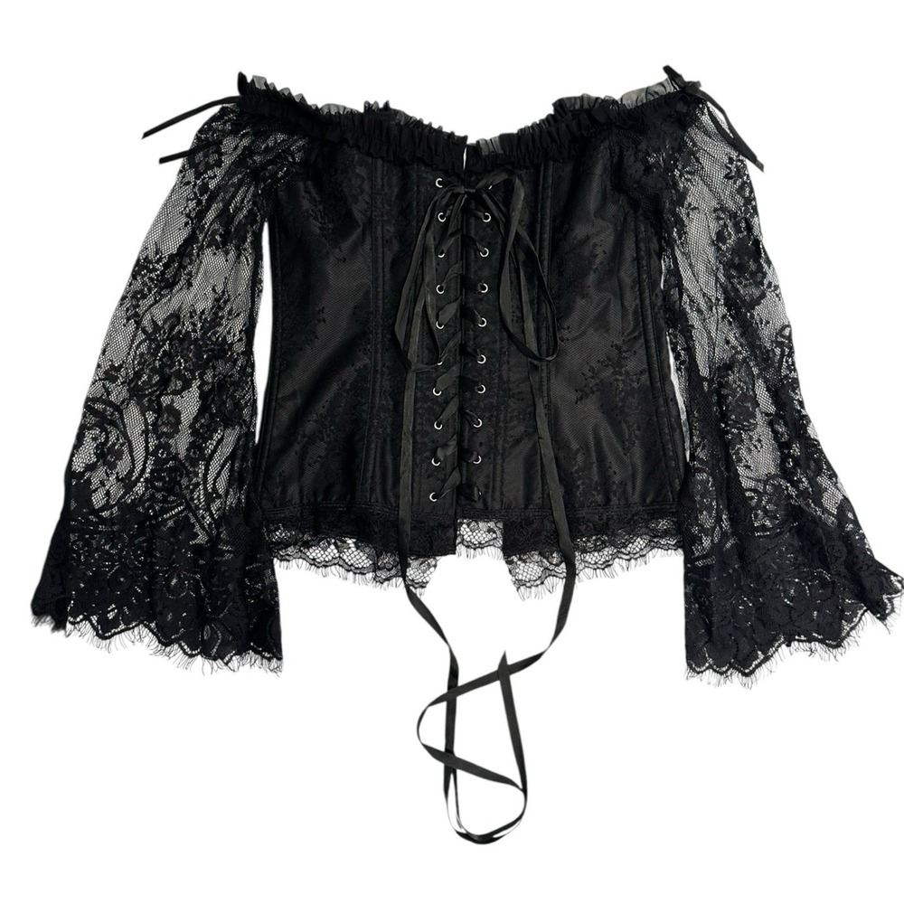 Gothic Sexy Corset Y2K Lace Long Bell Sleeve Flare Size M Fairy Grunge Black